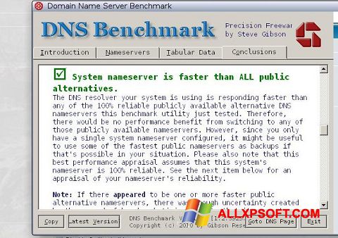 Posnetek zaslona DNS Benchmark Windows XP