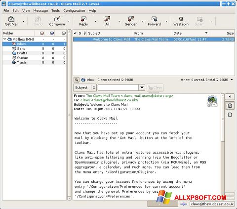Posnetek zaslona Claws Mail Windows XP