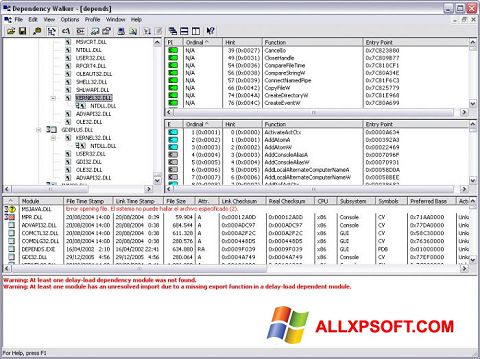 Posnetek zaslona Dependency Walker Windows XP