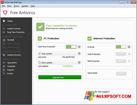 Posnetek zaslona Avira Free Antivirus Windows XP