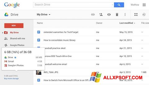 Posnetek zaslona Google Drive Windows XP