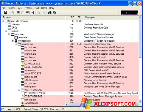 Posnetek zaslona Process Explorer Windows XP