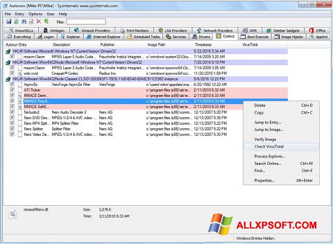 Posnetek zaslona AutoRuns Windows XP