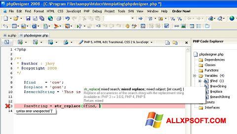 Posnetek zaslona phpDesigner Windows XP