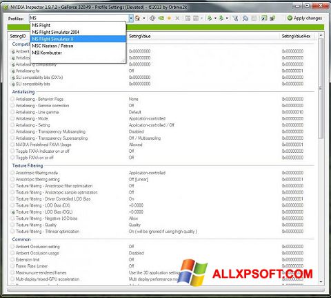 Posnetek zaslona NVIDIA Inspector Windows XP