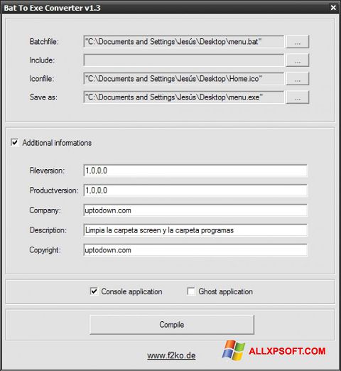 Posnetek zaslona Bat To Exe Converter Windows XP