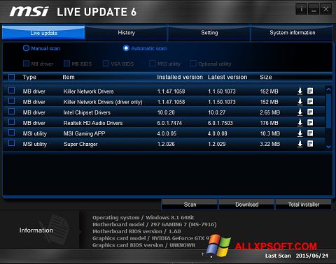 Posnetek zaslona MSI Live Update Windows XP