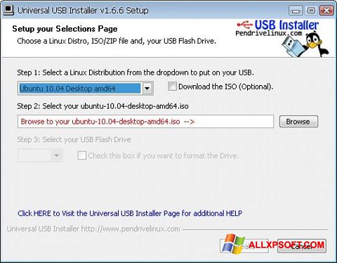 Posnetek zaslona Universal USB Installer Windows XP